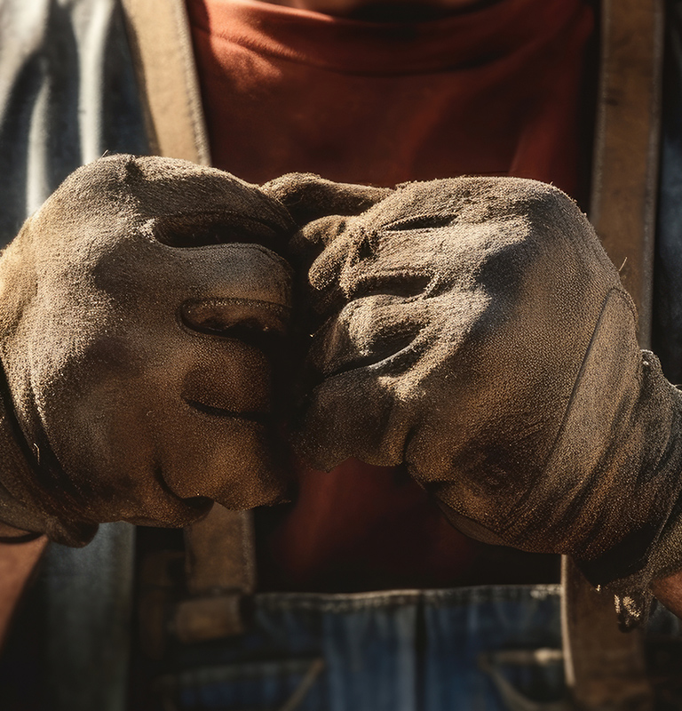 An industrial worker is wearing gloves on his hands