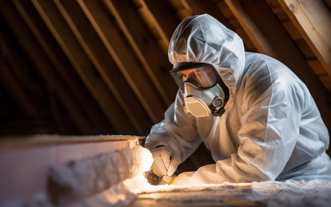 Worker in Protective Suit Installing Insulation in Attic Space