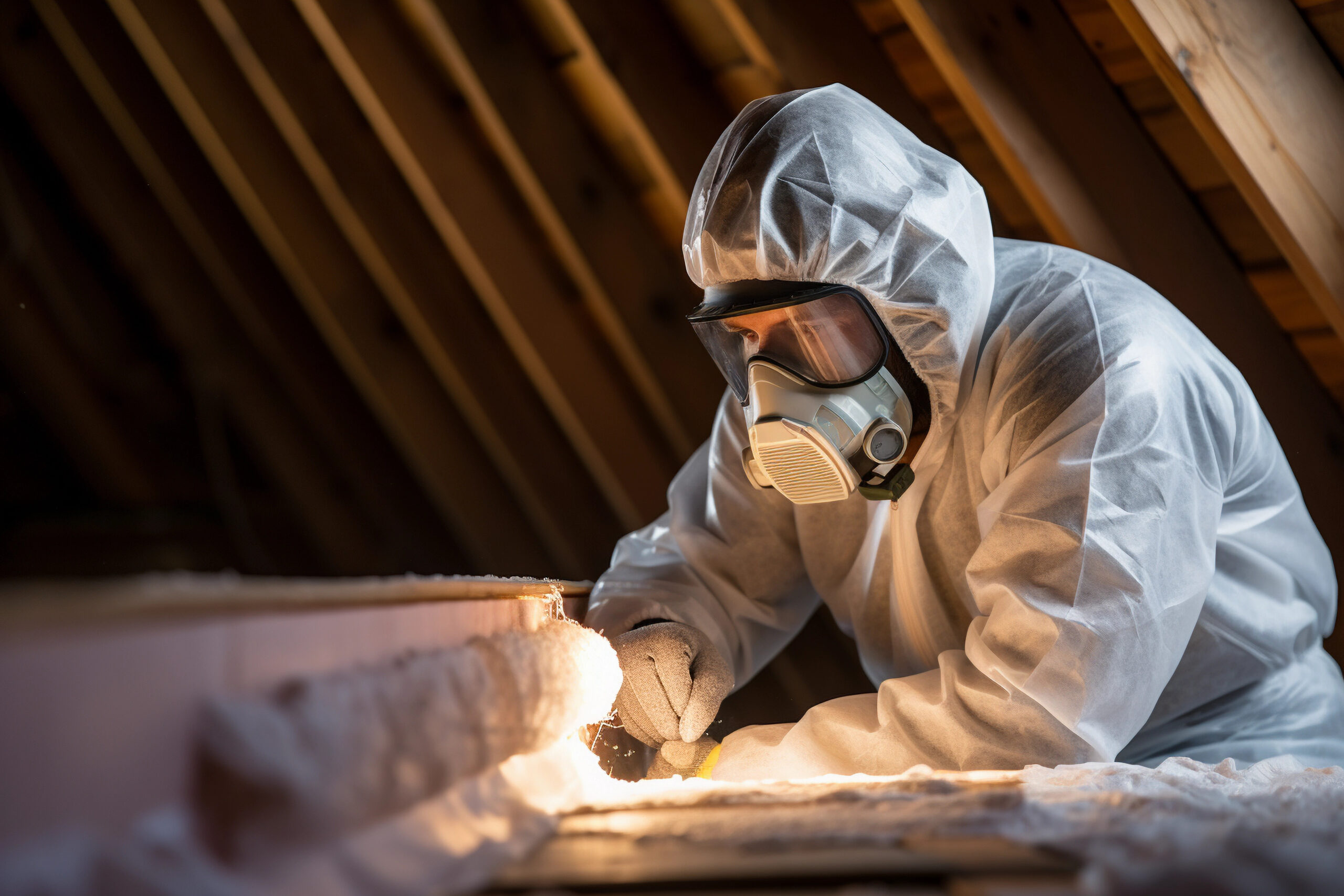 Worker in Protective Suit Installing Insulation in Attic Space
