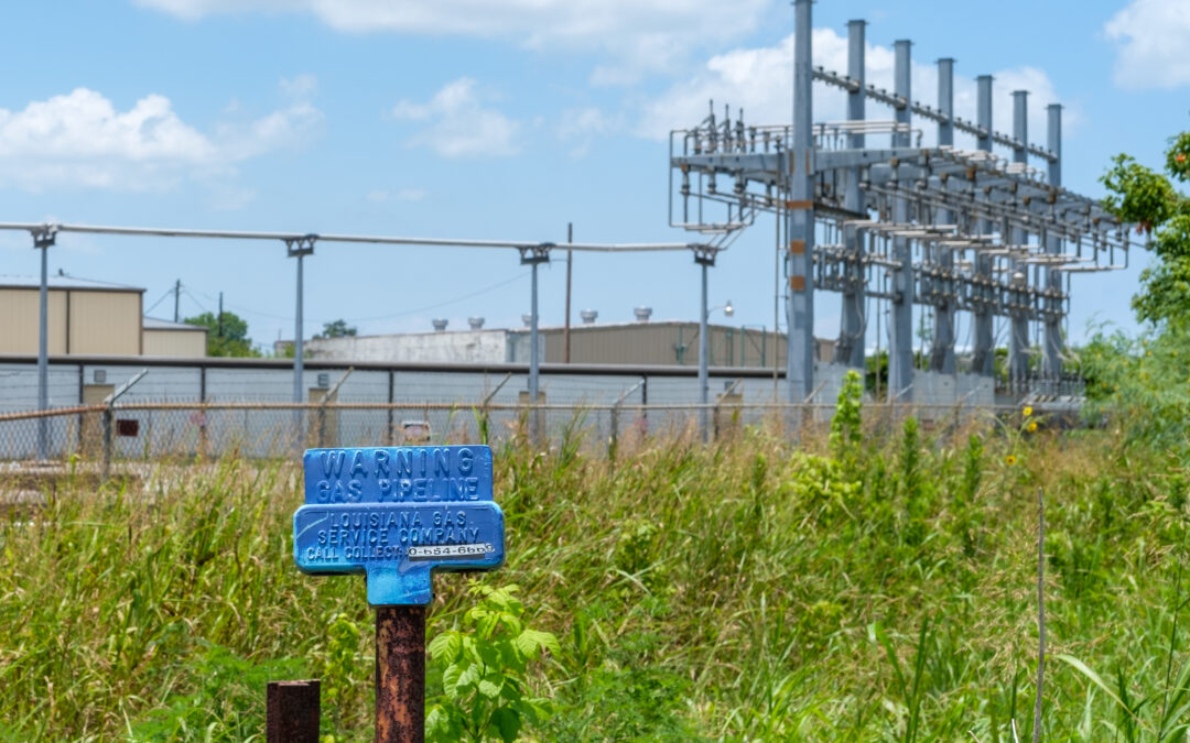 Closeup of gas Pipeline Warning Sign for Louisiana Gas Service Company on June 12, 2023 in Jefferson, Louisiana, USA