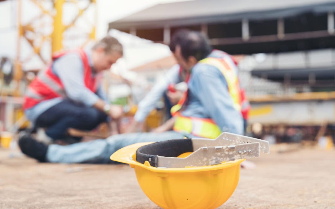 Construction builder worker accident at construction site. Industrial accident concept. Health safe of work and safety first concept