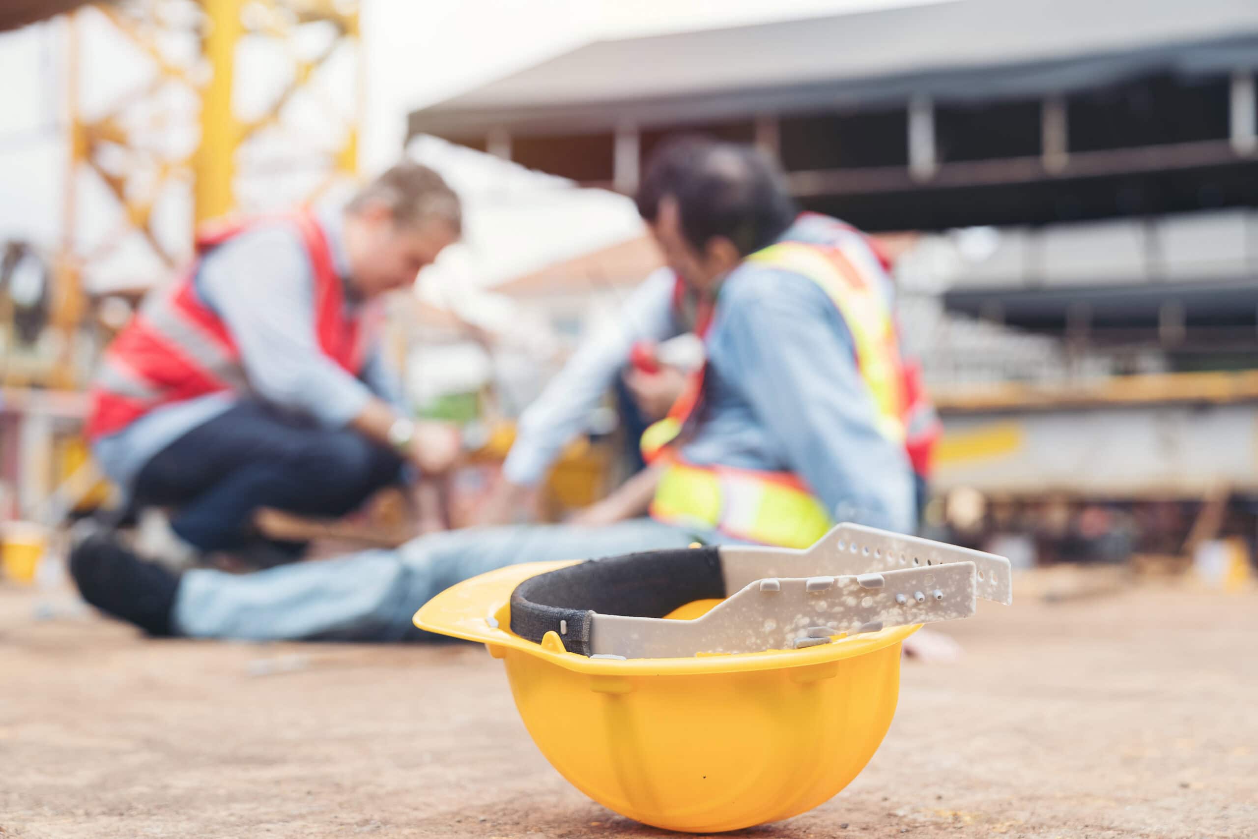 Construction builder worker accident at construction site. Industrial accident concept. Health safe of work and safety first concept