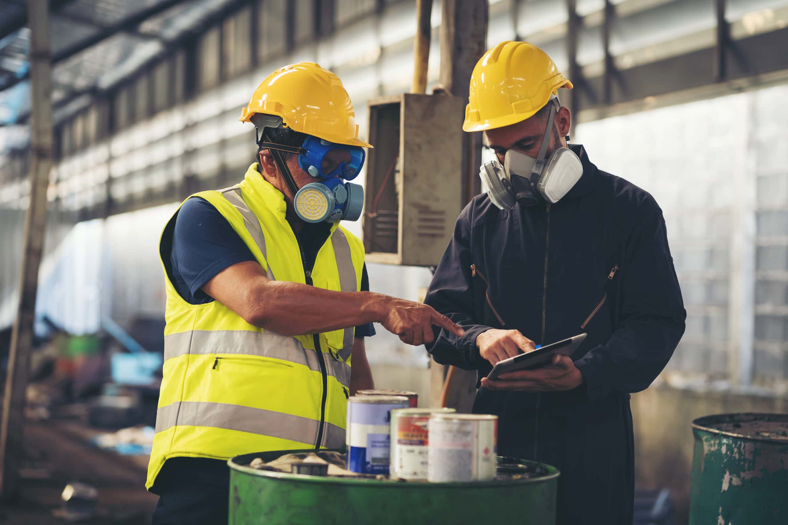 Workers with gas masks