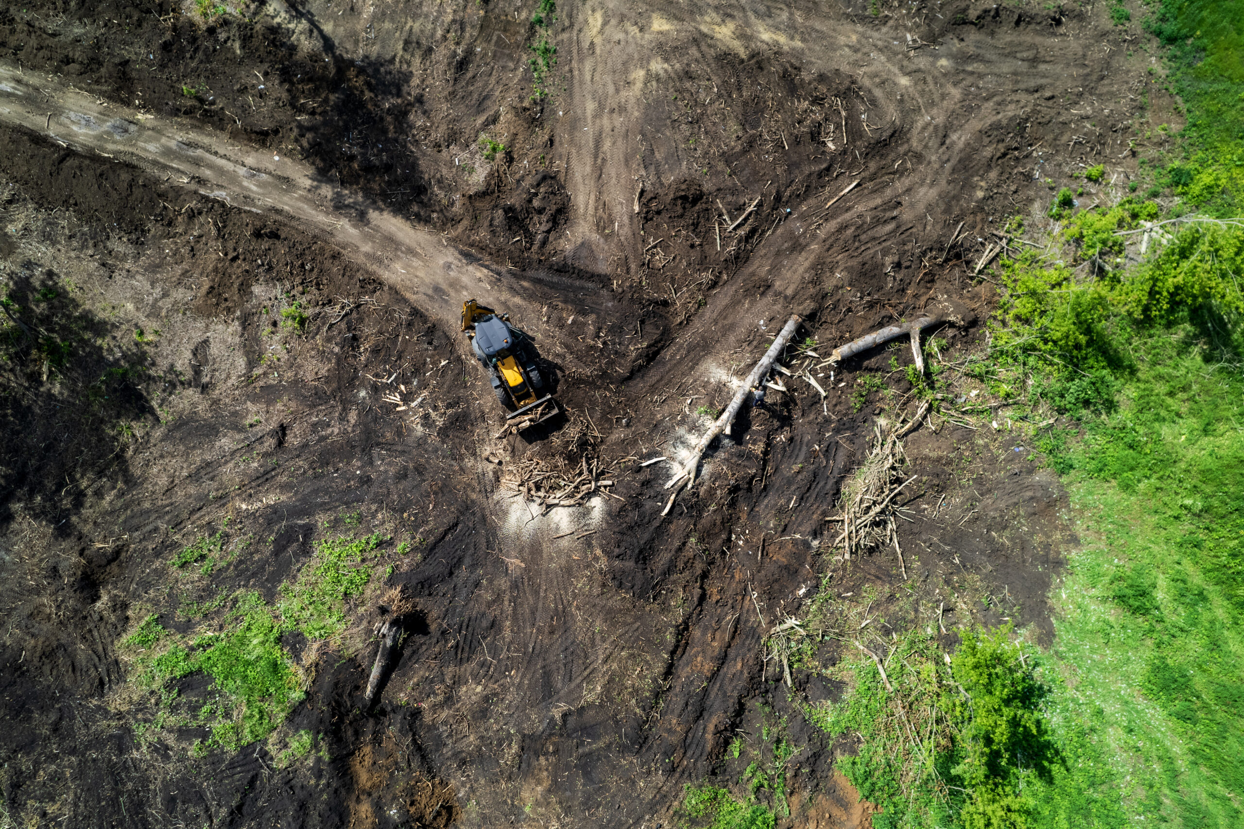 drone view of a tractor that works on landscaping. harvesting the branches of felled trees with a tractor