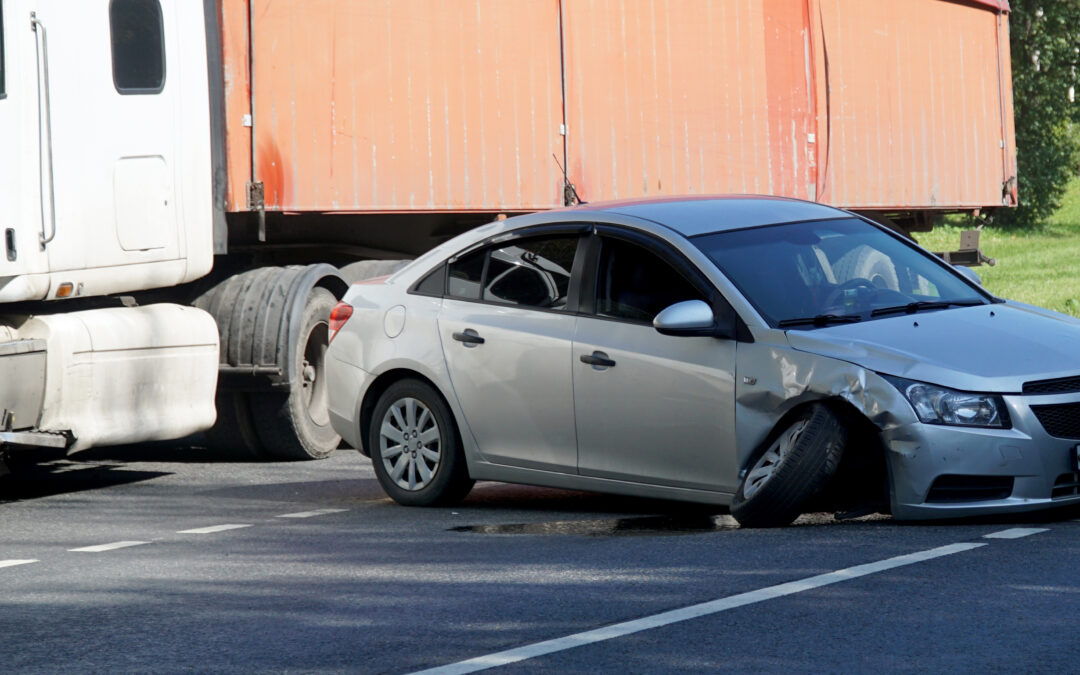 Emergency car on the road with a broken front wheel suspension.